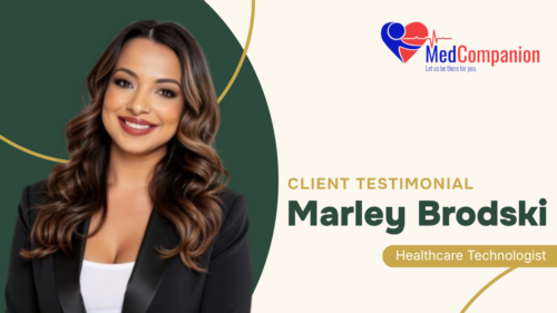 Portrait of Marley Brodski, Healthcare Technologist, smiling in a black blazer, giving a client testimonial for MedCompanion