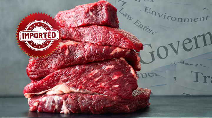 Stack of raw beef cuts with a red "Imported" stamp in front of an official government seal