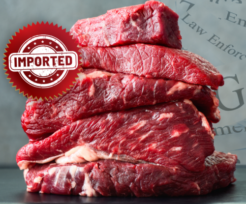 Stack of raw beef cuts with a red "Imported" stamp in front of an official government seal