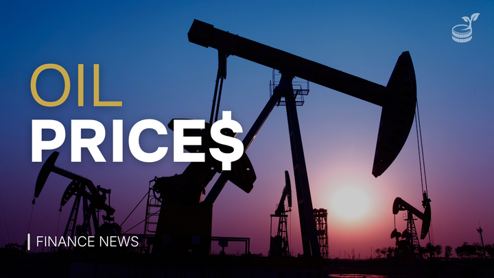 Oil pump jacks silhouetted against a sunset sky with "Oil Prices" text overlay