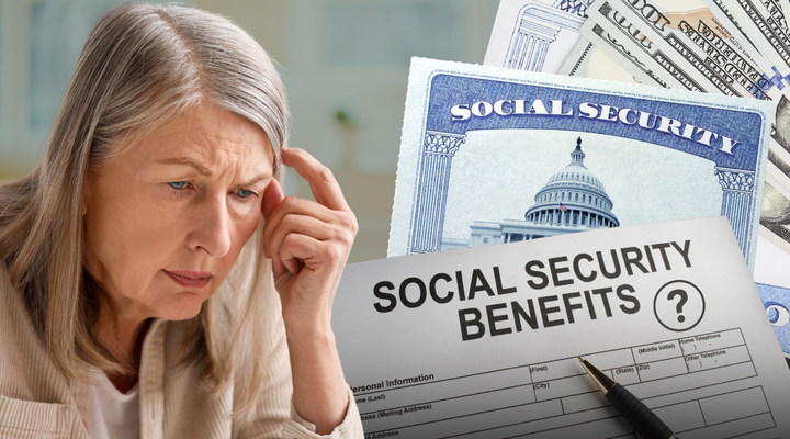 Older woman looking worried beside a Social Security benefits statement