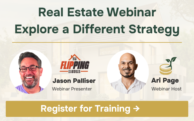 Real estate webinar featuring presenter Jason Palliser and host Ari Page, with a Register for Training button.