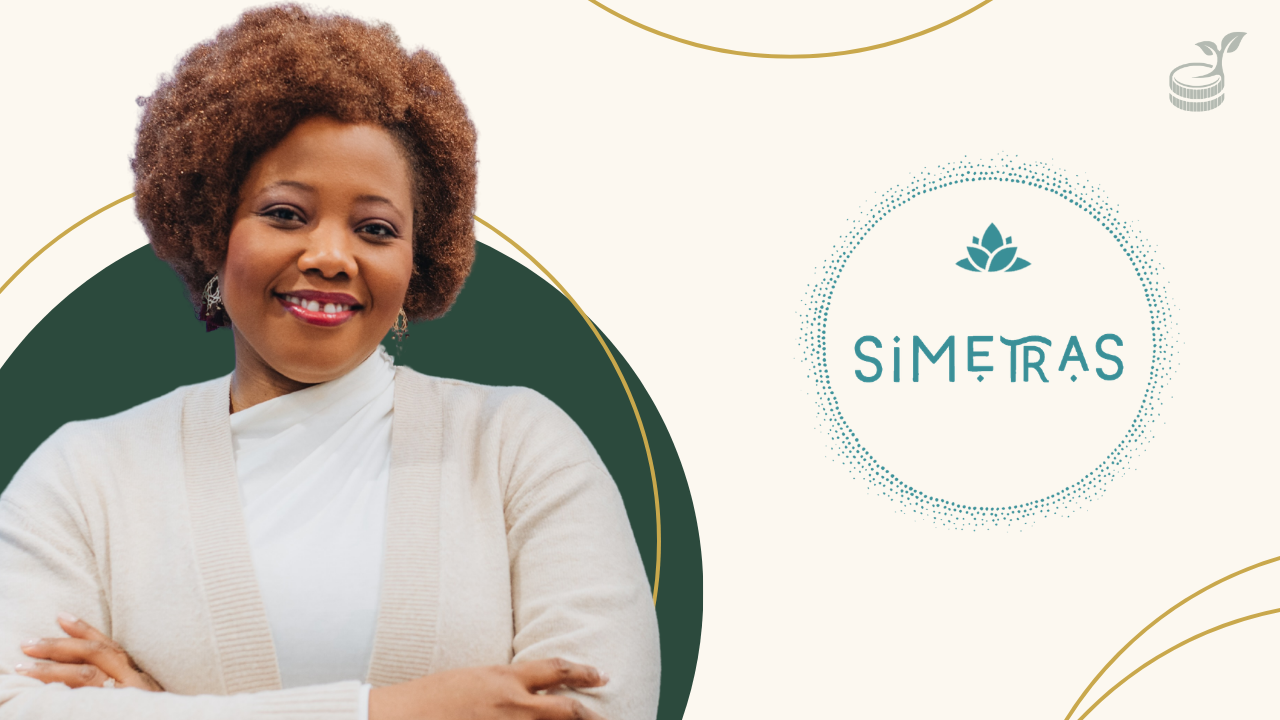 Milka Milliance smiling with arms crossed beside the Simetras logo.