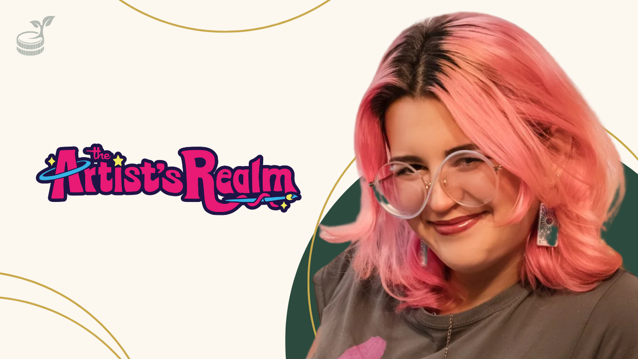Kait Merryman smiling beside The Artist's Realm logo.