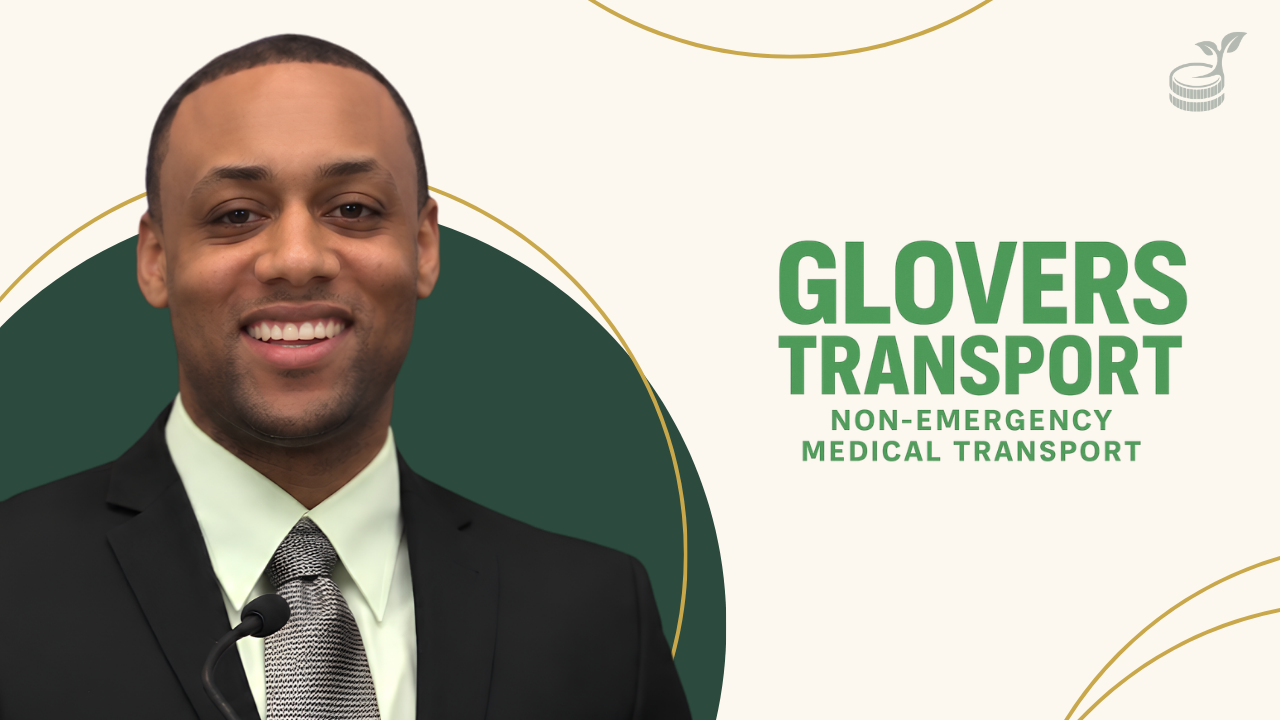 Marcus Glover smiling beside the Glovers Transport logo for medical transportation.