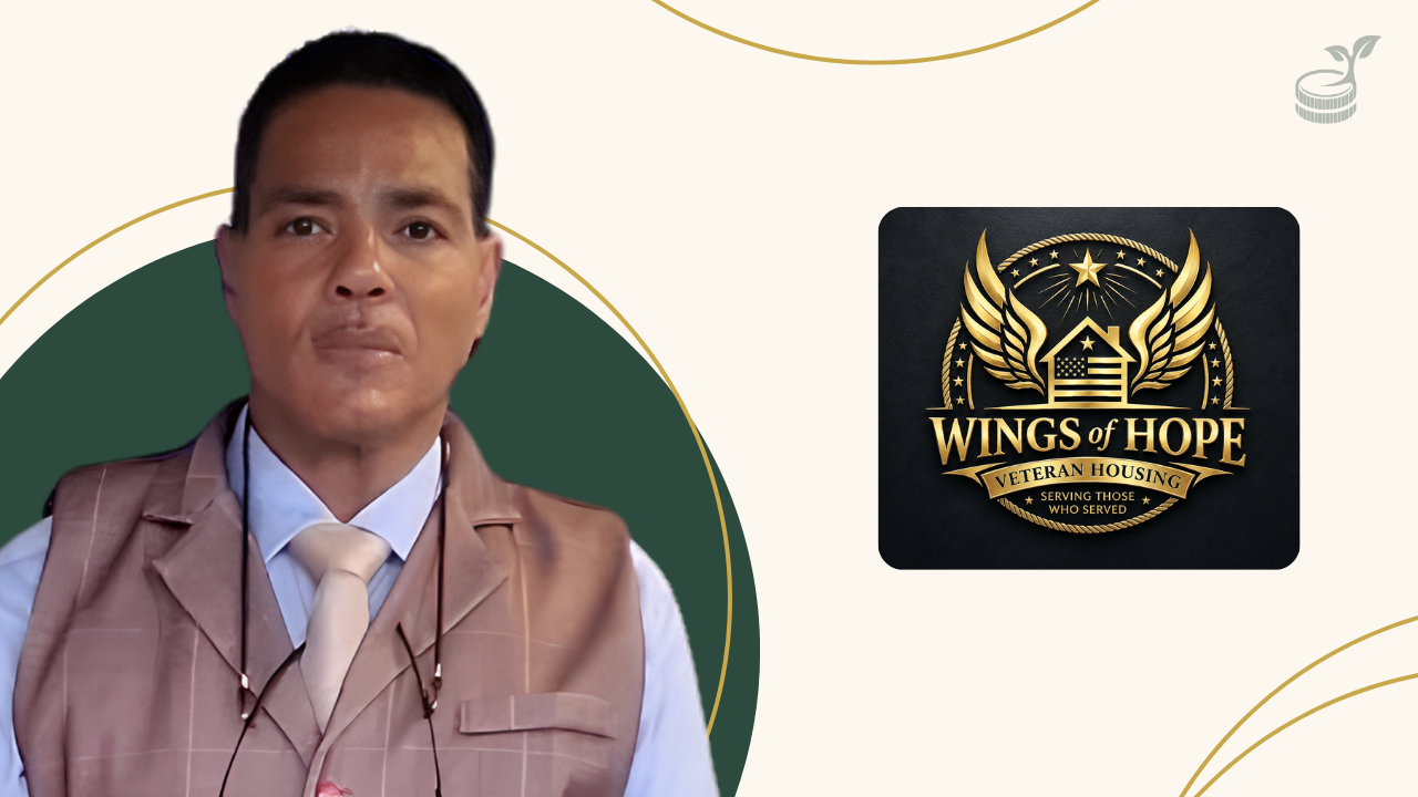 Val Williams beside the Wings of Hope Veteran Housing logo.